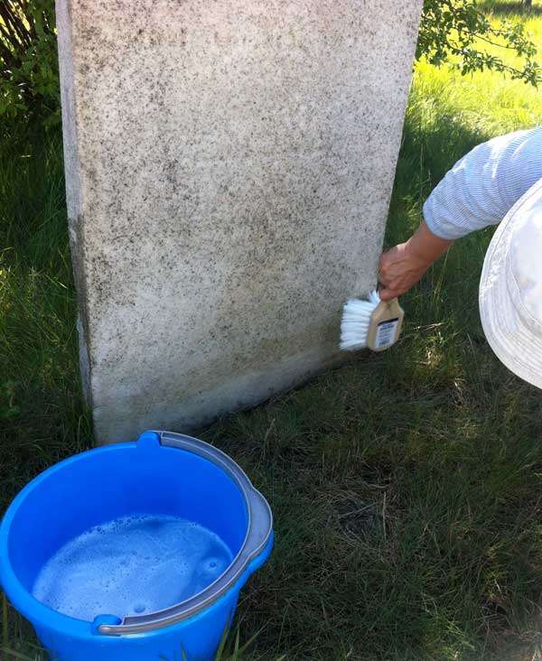 Martha cleans a stone using a soft brush