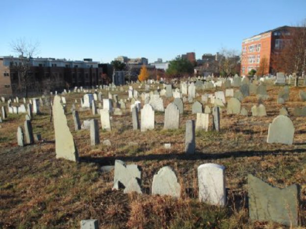 Eastern Cemetery from the east, looking west to the North School and the backs of many grave markers.