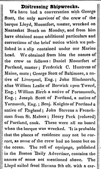 Screenshot from an old news article starts Distressing Shipwrecks, 1 of 4 parts, Text transcription follows