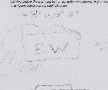 screenshot of sketch, part of a transcription form showing measurements and E W with a shape drawn around it