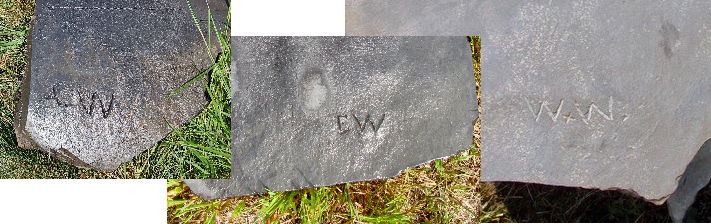 3 images of the bottoms of slate gravestones scratched with initials