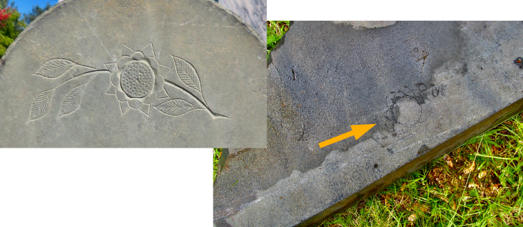Photo of the top of a slate gravestone carved with a flower on a stem. Photo of the bottom of a slate stone scratched with a flower; a superimposed yellow arrow points to it.