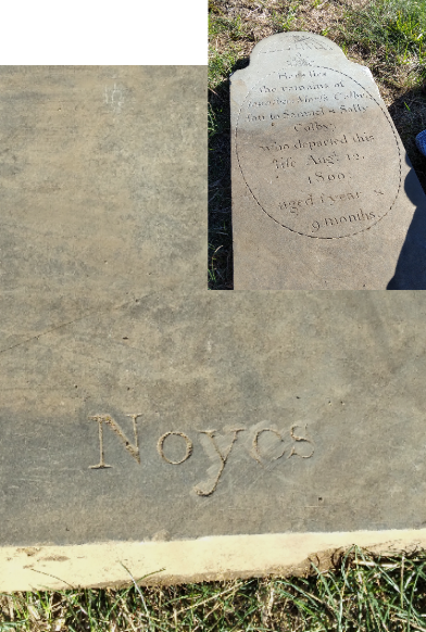 2 photos. Detail of the bottom of a stone carved Noyes with inset of full stone superimposed over it