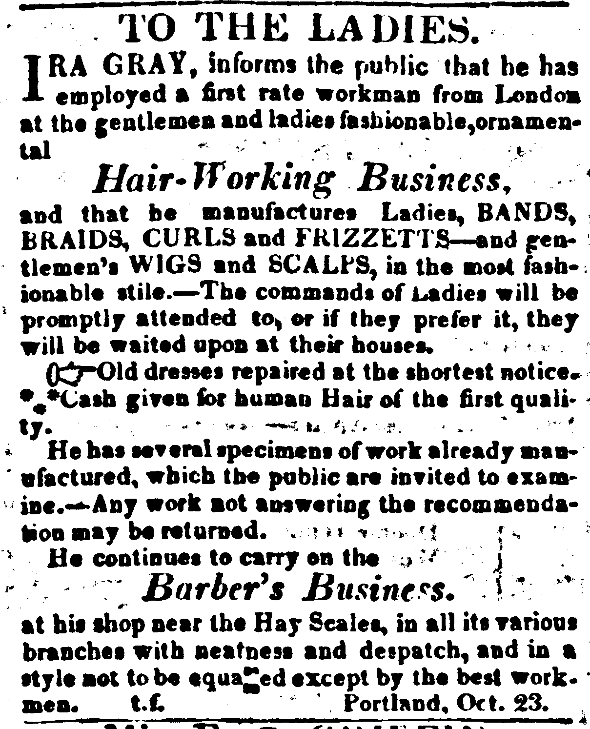screenshot of a newspaper advertisement: To the Ladies