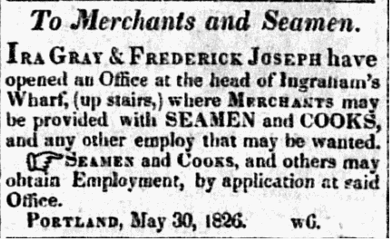 screenshot of a newspaper advertisement: To Merchants and Seamen