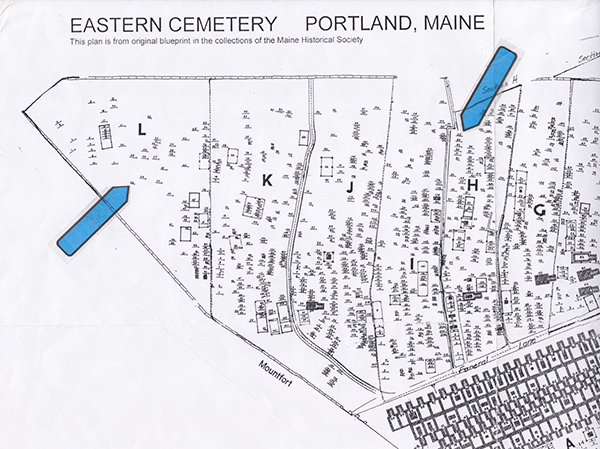 detail of Eastern Cemetery plot map with blue arrows pointing to the plot in Section L and H where the Gray family members were interred