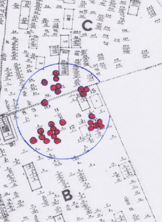 scan of map of burials with hand-drawn circles clustered in one area