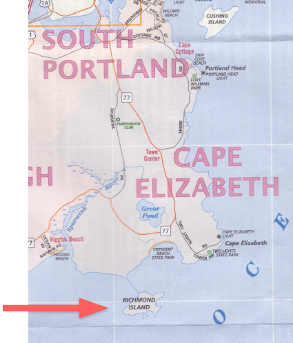 map of South Portland and Cape Elizabeth witha narrow pointing to Richmond Island