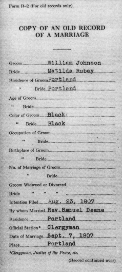 screenshot of an old marriage record, front
