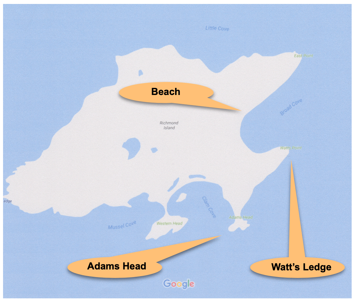 map with shapes pointing to a beach, Adams Head, and Watt's Ledge