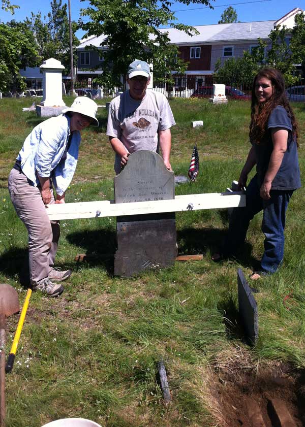 Martha, Ron and Nikki moving Huldah's stone