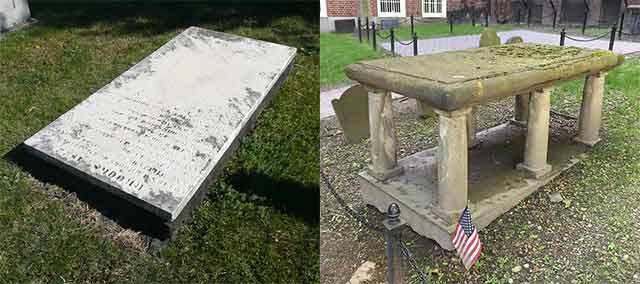 ledger in Eastern Cemetery, table in Granary Burying Ground, Boston